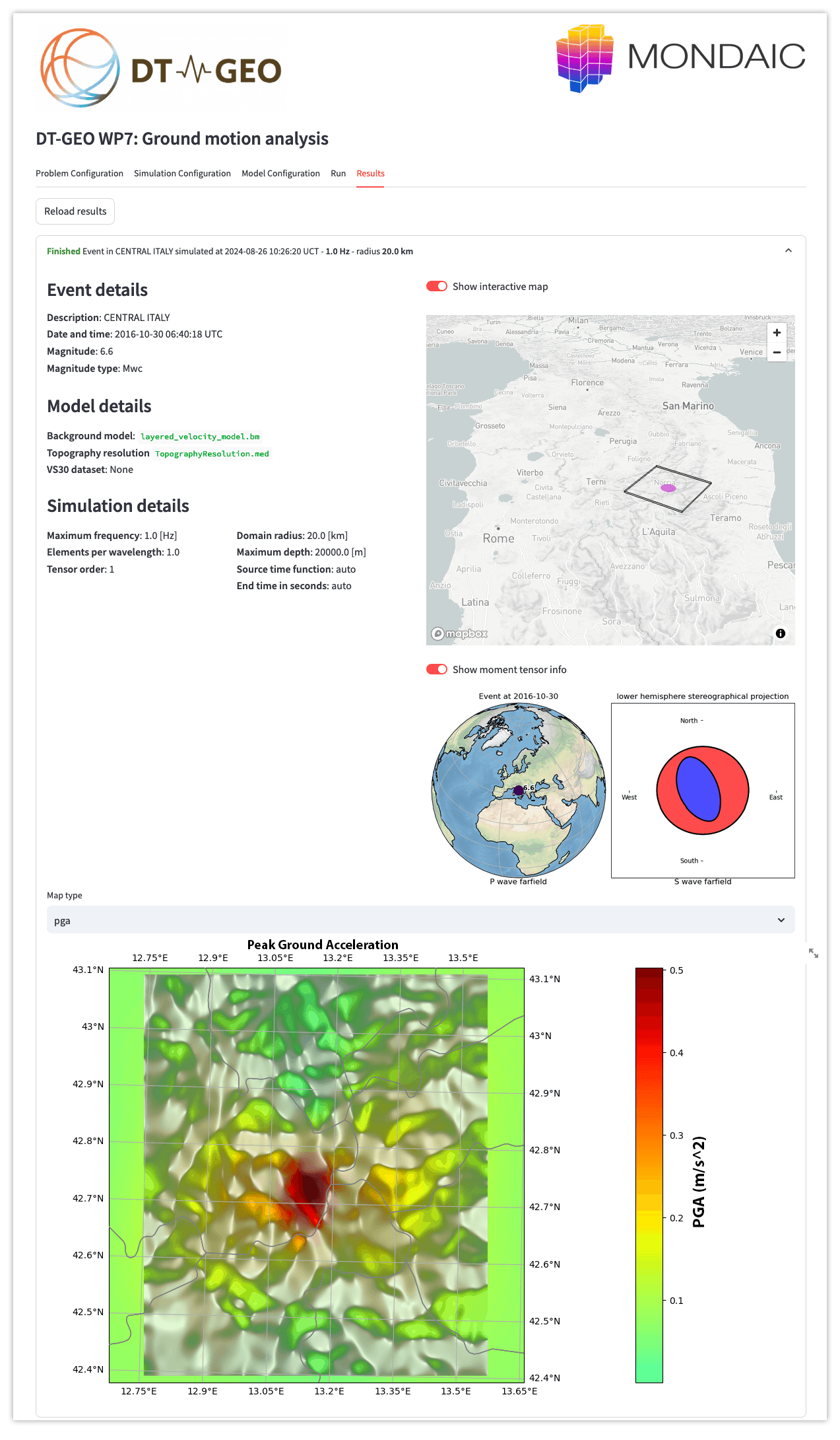 Output dashboard, with event details and the simulation's PGA output.