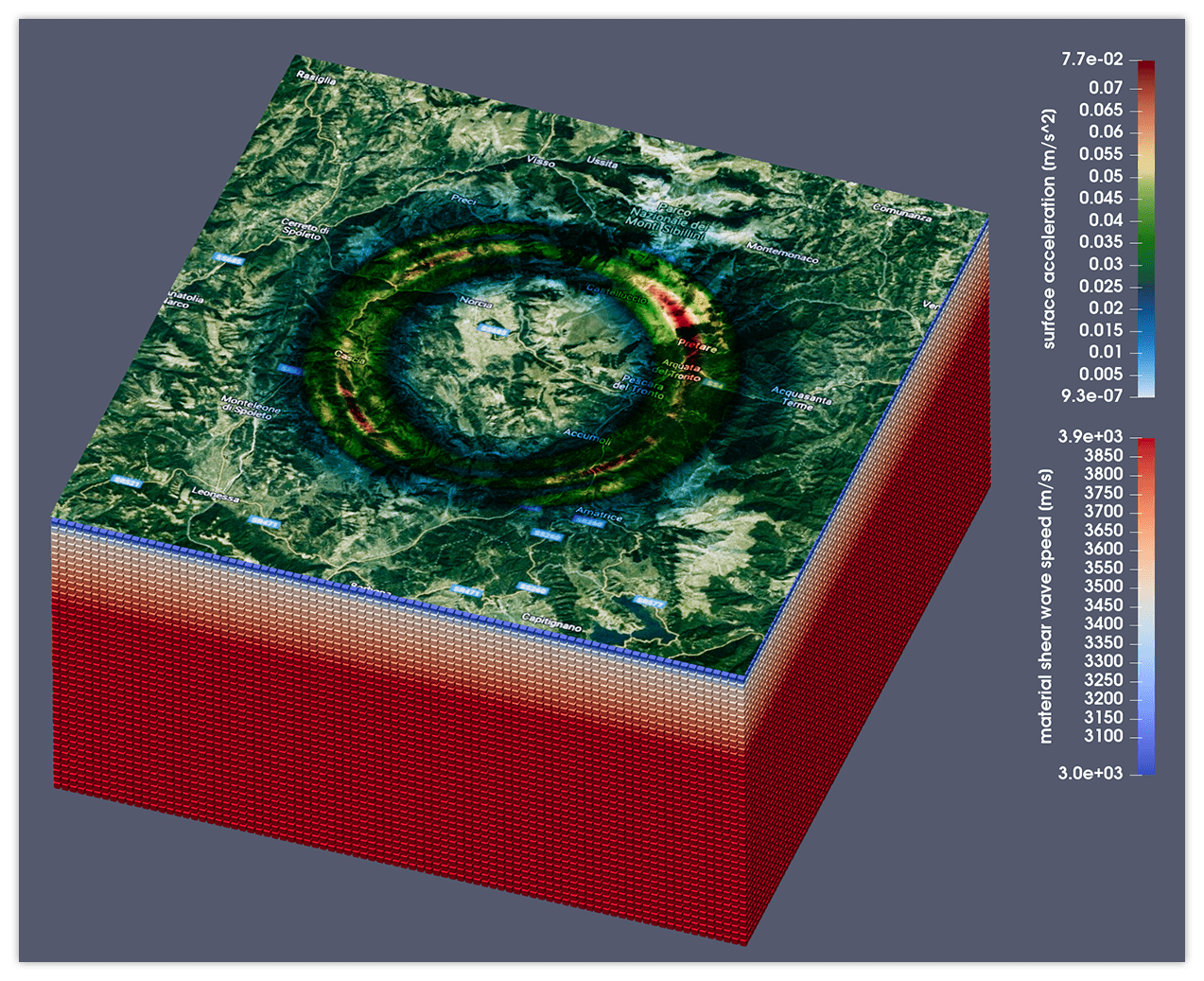 Time-series surface output of the workflow visualized with ParaView.